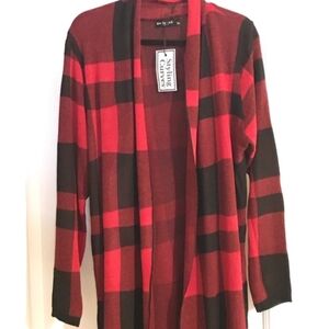 Red and Black Plaid Open Cardigan